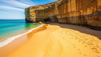 Stunning Australian cliff-backed beach with steep rock formations and golden sand. Crystal clear waters meet sandy shore, creating a serene beach atmosphere perfect for relaxation.