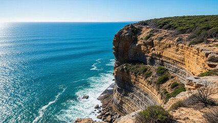 Australian cliffside ocean view with endless horizon and coastal landscape featuring rocky cliffs and vibrant blue water.