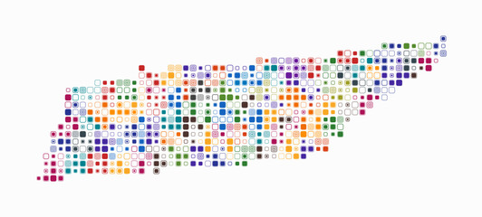 Tennessee, shape of the state build of colored cells. Digital style map of the Tennessee on white background. Small size rounded square blocks. Modern vector illustration.