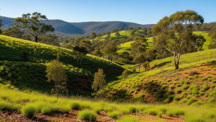 Australian bushland landscape with rolling green hills and scattered trees under blue sky. Lush vegetation and natural scenery create a tranquil environment in Australian bushland.