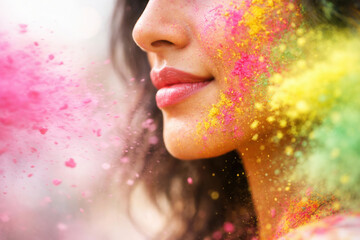 Vibrant colorful holi festival face with bright powder explosion
