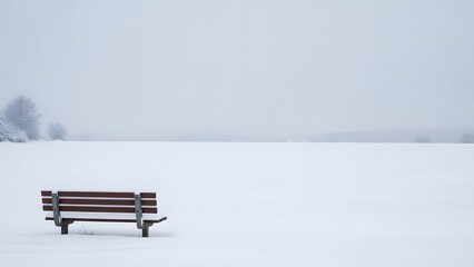 A solitary wooden bench sits in a vast, snow-covered field under a grey winter sky, evoking a sense of quiet solitude and cold.