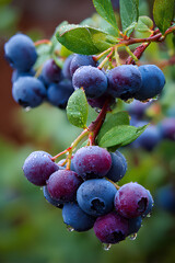 Blueberry bush with plump ripe fruit and dew droplets on vibrant green leaves in soft early morning light within a lush garden environment  
