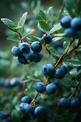 Blueberry bush with plump ripe fruit and dew droplets on vibrant green leaves in soft early morning light within a lush garden environment  
