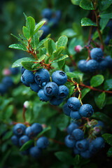 Blueberry bush with plump ripe fruit and dew droplets on vibrant green leaves in soft early morning light within a lush garden environment  
