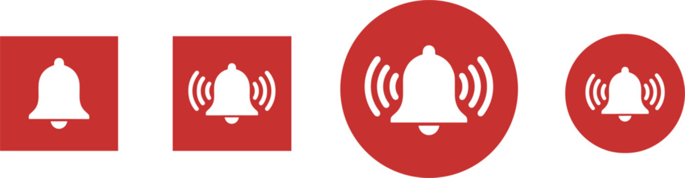 Notification alert bell icons in red square and circle backgrounds for mobile app reminders incoming messages and alarms,