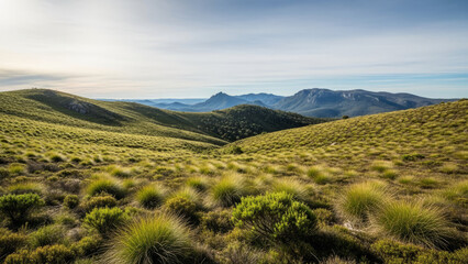Australian alpine landscape with rolling highland and expansive green fields showcasing nature's beauty. Australian alpine landscape features fresh vegetation, gentle slopes,