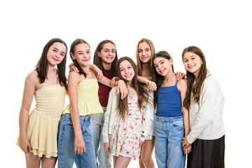 Fototapeta premium Group Of Teenage Girlfriends on studio white background