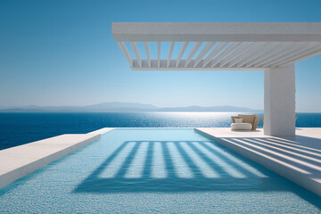 Greek Island Infinity Pool Under Pergola With Aegean Horizon, Wind-Sculpted Shade Lines, White Limestone, 28mm Architectural Angle, Coastal Minimalism