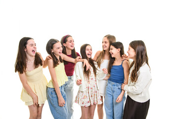 Fototapeta premium Group Of Teenage Girlfriends on studio white background