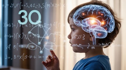 A young child engages with complex mathematical formulas and a glowing brain representation