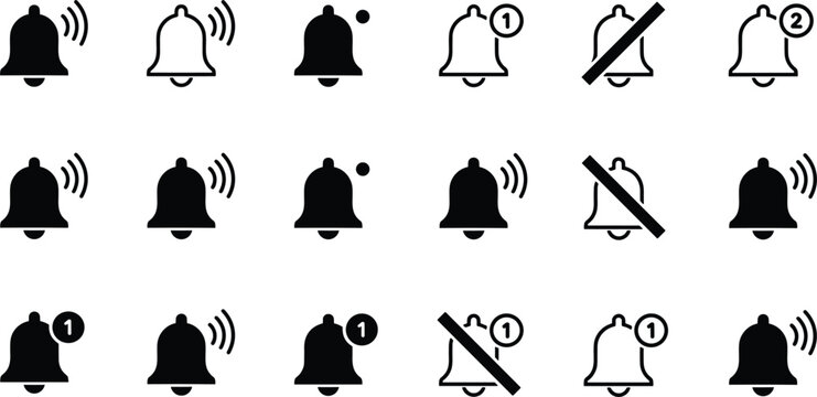 Notification bell icon set featuring alert reminders mute status unread messages incoming signals and digital interface alarm symbols,