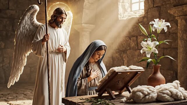 Annunciation scene with archangel Gabriel and woman Mary in a religious painting for Christmas and Easter