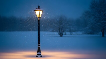 A solitary lamppost illuminates a serene, snow-covered winter landscape under a dark, twilight sky with gentle snowfall.