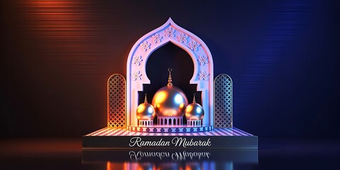 A shimmering ramadan mubarak display with golden mosque domes and a decorative arch