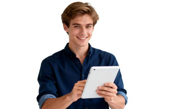 [Transparent Background PNG]Young Man Smiling While Using Digital Tablet - Powered by Adobe