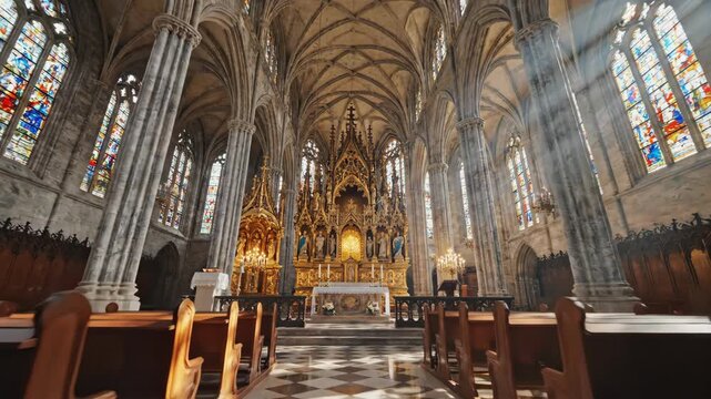 Majestic gothic church interior with stained glass windows and golden altar, sunlight streaming through, religious architecture