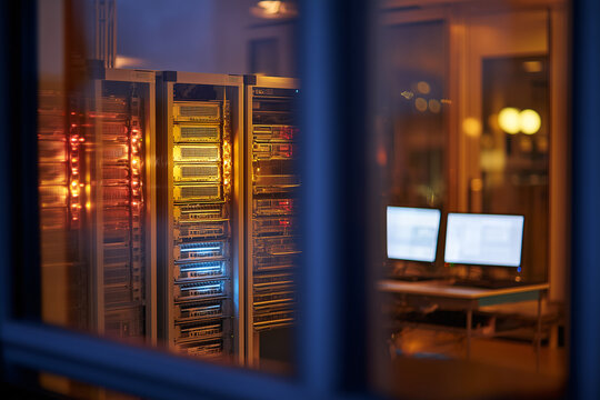 High-Performance Computing Lab Night Shift With Network Boot Cloning Of New Notebooks, Blade Enclosures, Window Reflections, Shallow 85mm