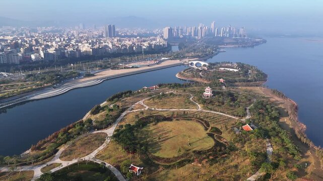 Aerial View of Maluan Bay's Three Island Park and Architecture in Xiamen, Fujian