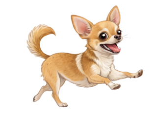 Adorable, digitally painted tan and white Chihuahua with large expressive eyes and a joyful expression, is dynamically running forward with paws outstretched,, isolated on transparent background.