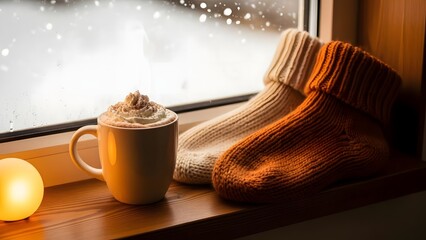 Cozy winter scene with a mug of hot chocolate, warm knitted socks, and a glowing light on a windowsill overlooking a snowy window.