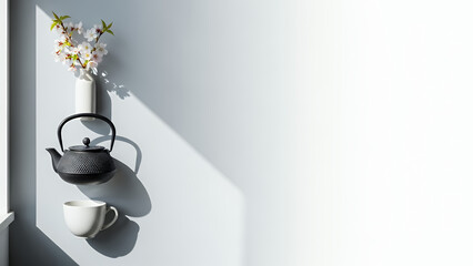 Minimal interior Qingming festival background with elegant tea kettle and spring blossom vase. Clean copyspace background for calm memorial design