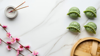 Minimal Qingming festival background with white marble copyspace background and traditional green qingtuan. Calm spring design background with space for text