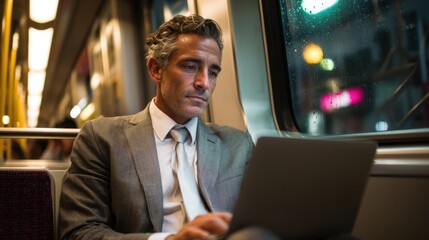 A businessman dressed in a suit is using a laptop while seated on a train. Rain is visible on the windows outside and the lights of the city are blurred.