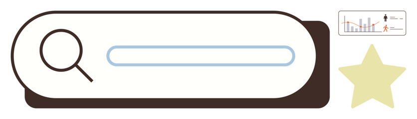Obraz premium Digital search, navigation, online research, data analysis, rating systems, user experience. A search bar with a magnifying glass, graph icon and star. Digital search and navigation concept