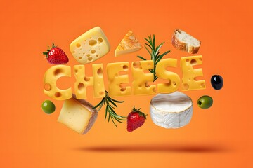 A creative food art concept featuring cheese letters and various accompaniments floating in mid-air