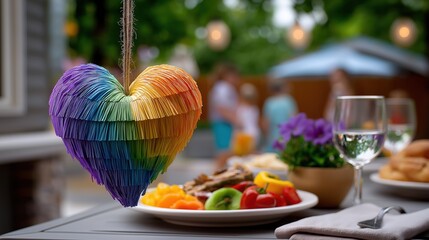 Colorful rainbow heart pinata hanging above a beautifully arranged table with vibrant fruits and flowers, creating a festive atmosphere for LGBTQ Valentine celebration