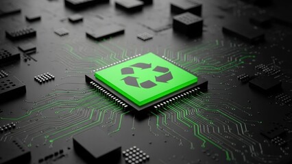 Green technology microchip with recycling symbol on circuit board, symbolizing sustainable computing, eco-friendly electronics, and e-waste innovation.