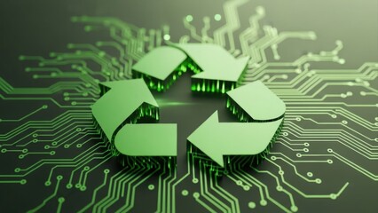 Eco-Friendly Tech: Green Recycling Symbol on Circuit Board Representing Sustainable Electronics & E-Waste Management