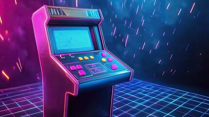 Vibrant Retro Arcade Cabinet Illuminated by Pink and Blue Neon on a Glowing Grid Floor