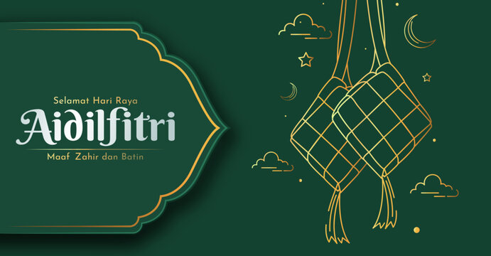 Minimal Eid ul Fitr Greeting Card with Line Art Ketupat, Crescent Moon and Elegant Green Islamic Design. Selamat Hari Raya Aidilfitri Translation : Eid uL Fitr