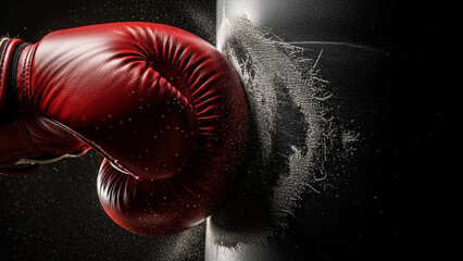 Red boxing glove hitting a punching bag, creating an impact splash. Concept of strength, determination, and intense training in combat sports.