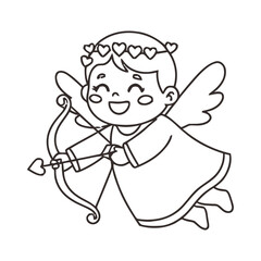 Fototapeta premium A cute cartoon cherub with a bow and arrow, smiling and wearing a heart crown, depicted in a simple line art style.
