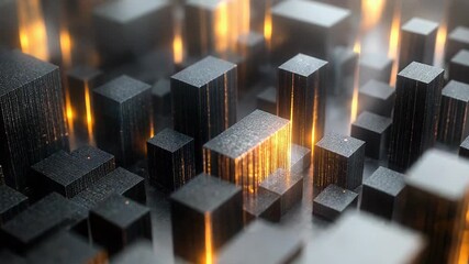 Abstract futuristic dark cityscape simulation featuring glowing orange data particles moving through a network of rectangular blocks, representing high tech information flow in a digital world - Powered by Adobe