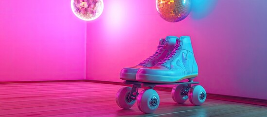 Vibrant Retro Roller Skates on a Wooden Floor Bathed in Neon Pink and Blue Disco Glow