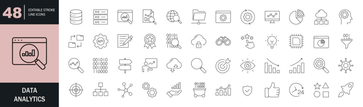 Data analytics icon set. Editable line icons. Vector illustration. 
