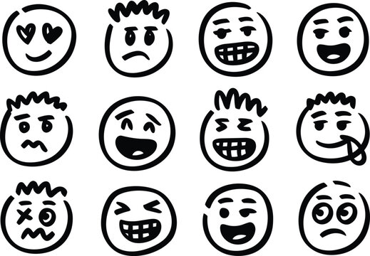Twelve hand drawn black and white emoji faces expressing various emotions emoticon expression