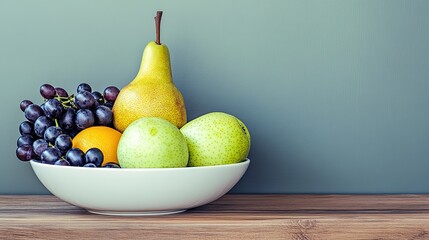 Vibrant Still Life: Fresh Grapes, Pear, Orange, Green Apples in White Bowl on Wood, Teal Background