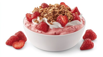 Vibrant Strawberry Yogurt Bowl with Crunchy Granola and Fresh Berries, Isolated on White.