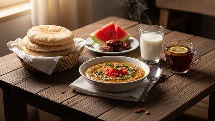 Breakfast Table with Food and Drinks.