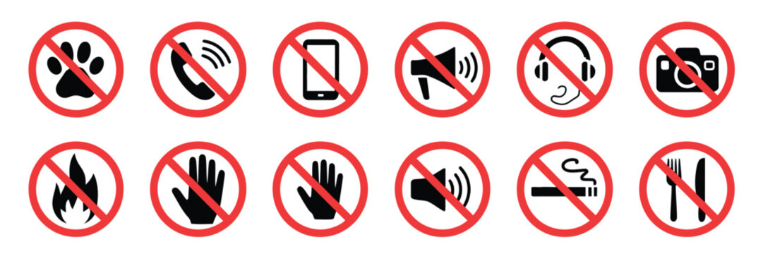 Set of no music, no sound, no fire, no pets, no eating, no noise, no disturbance, no loud activity red prohibition signs, vector illustration for public spaces, apps, websites and safety signage.