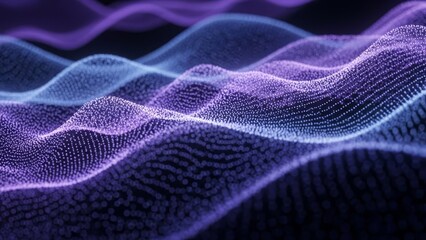 A vibrant digital illustration of wavy purple and blue lines on a dark background