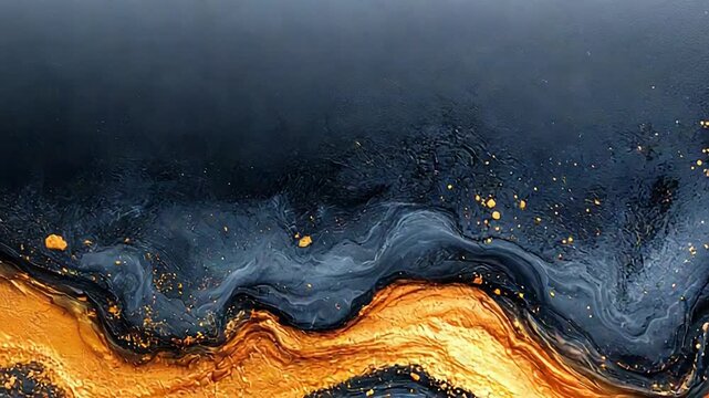 Flowing dark blue and gold liquid colors create an abstract marble or stone texture, suggesting luxury, movement, and elegance with shimmering metallic details