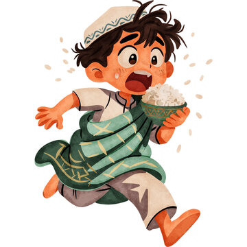 Illustration of Boy Running with Rice Bowl