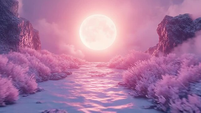Fantastical landscape featuring a radiant pink moon illuminating a serene river flowing through vibrant purple flora and misty mountains, creating a magical and dreamy nature scene
