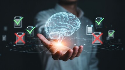 Artificial intelligence brain analyzing and validating digital documents with checkmarks and crosses